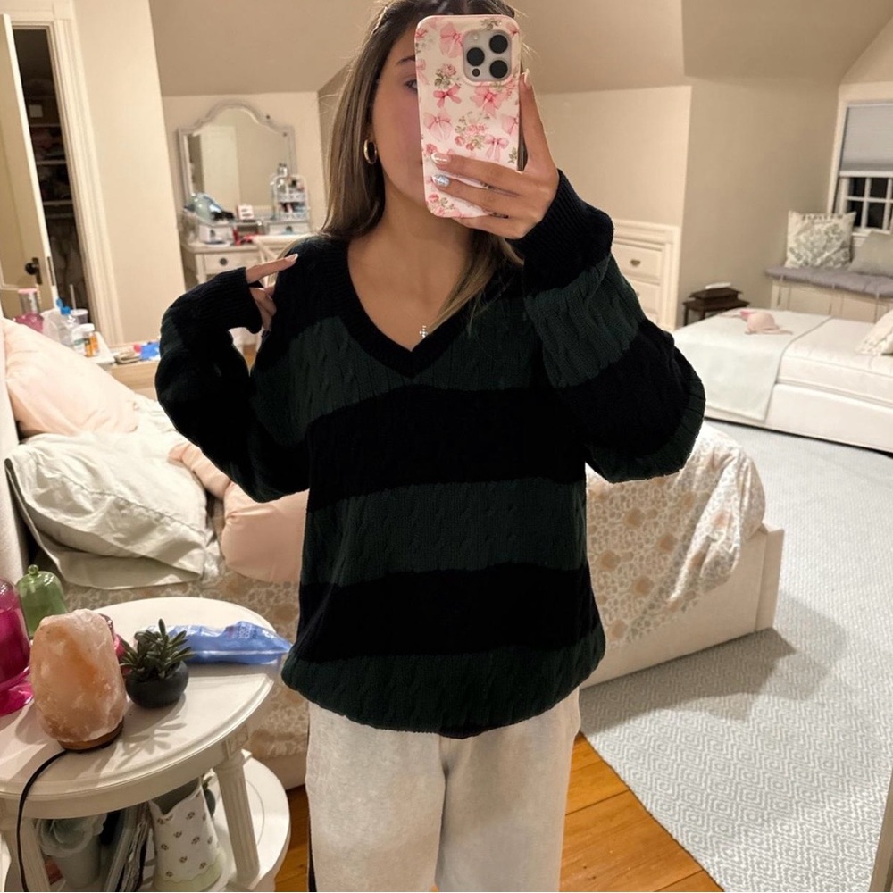 Brandy Melville Black & Dark Green Striped V-Neck Sweater